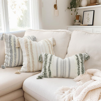 Bohemian-Inspired Summer Decorative Lumbar Pillow Cover 12x20, Textured Tufted Striped Accent for Couch and Bed, Green and Cream, Single Pack
