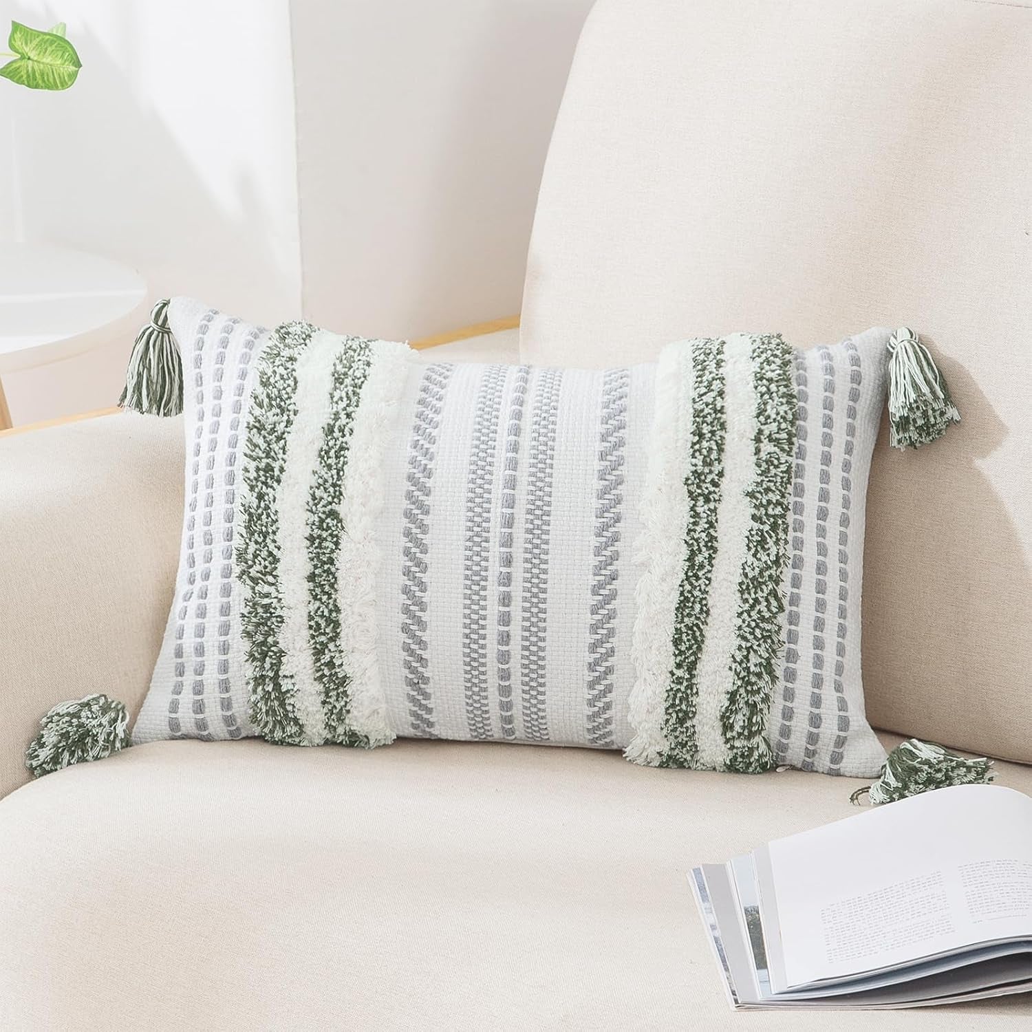 Bohemian-Inspired Summer Decorative Lumbar Pillow Cover 12x20, Textured Tufted Striped Accent for Couch and Bed, Green and Cream, Single Pack