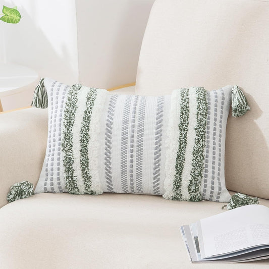 Bohemian-Inspired Summer Decorative Lumbar Pillow Cover 12x20, Textured Tufted Striped Accent for Couch and Bed, Green and Cream, Single Pack