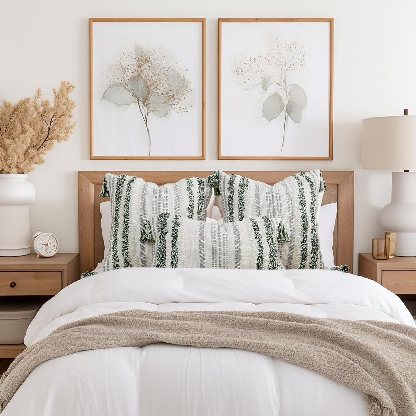 Bohemian-Inspired Summer Decorative Lumbar Pillow Cover 12x20, Textured Tufted Striped Accent for Couch and Bed, Green and Cream, Single Pack