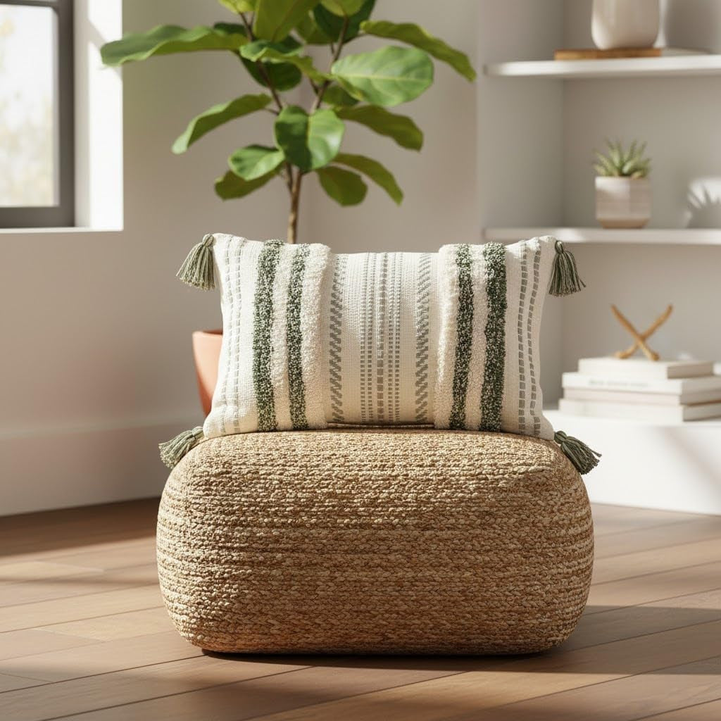 Bohemian-Inspired Summer Decorative Lumbar Pillow Cover 12x20, Textured Tufted Striped Accent for Couch and Bed, Green and Cream, Single Pack