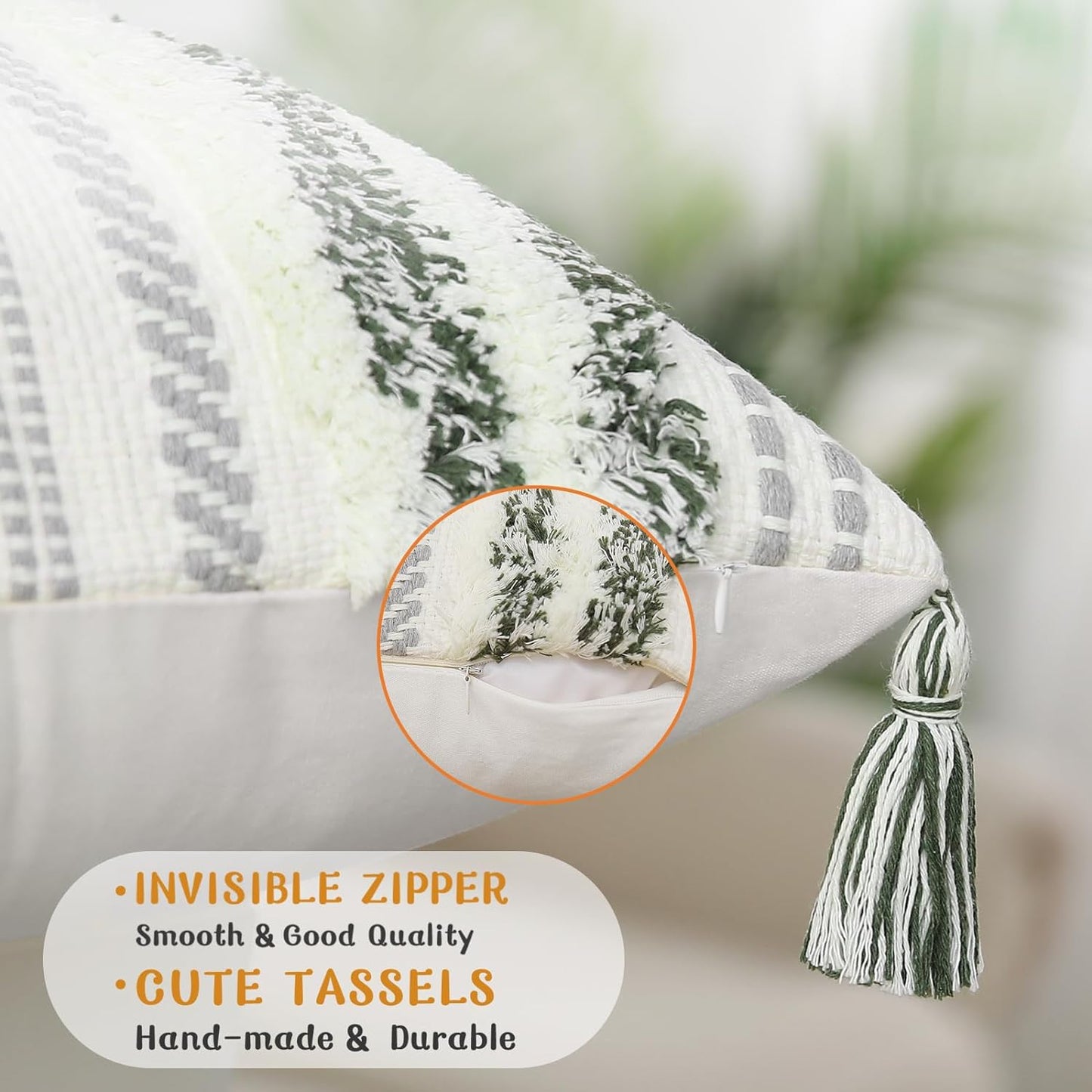 Bohemian-Inspired Summer Decorative Lumbar Pillow Cover 12x20, Textured Tufted Striped Accent for Couch and Bed, Green and Cream, Single Pack